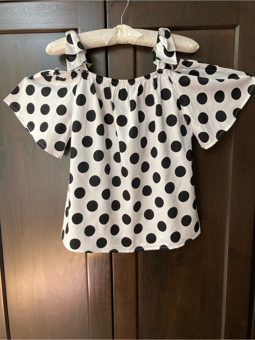 New York & Company Black/White Polka Dot Off-Shoulder Tie Strap Top sz XS